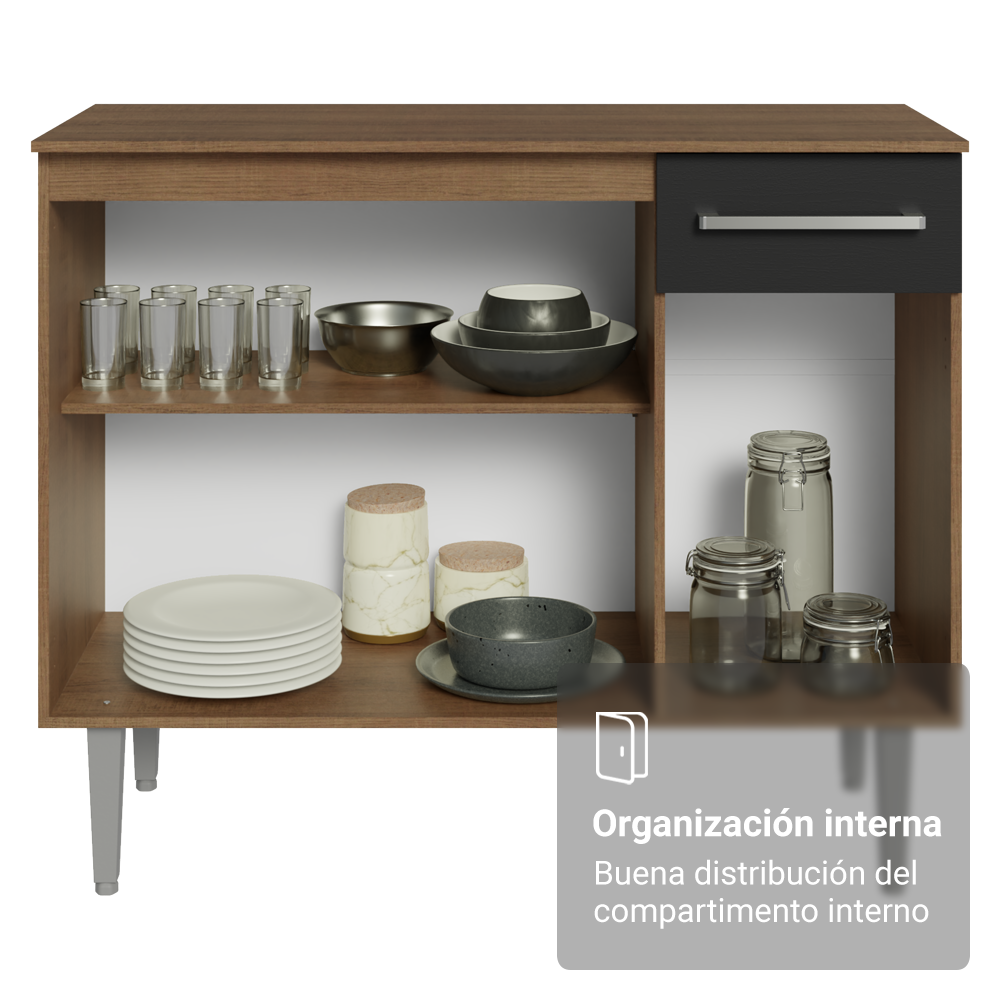 Credenza Bufetera 105cm 3 Puertas 1 Cajón Marrón/Negro