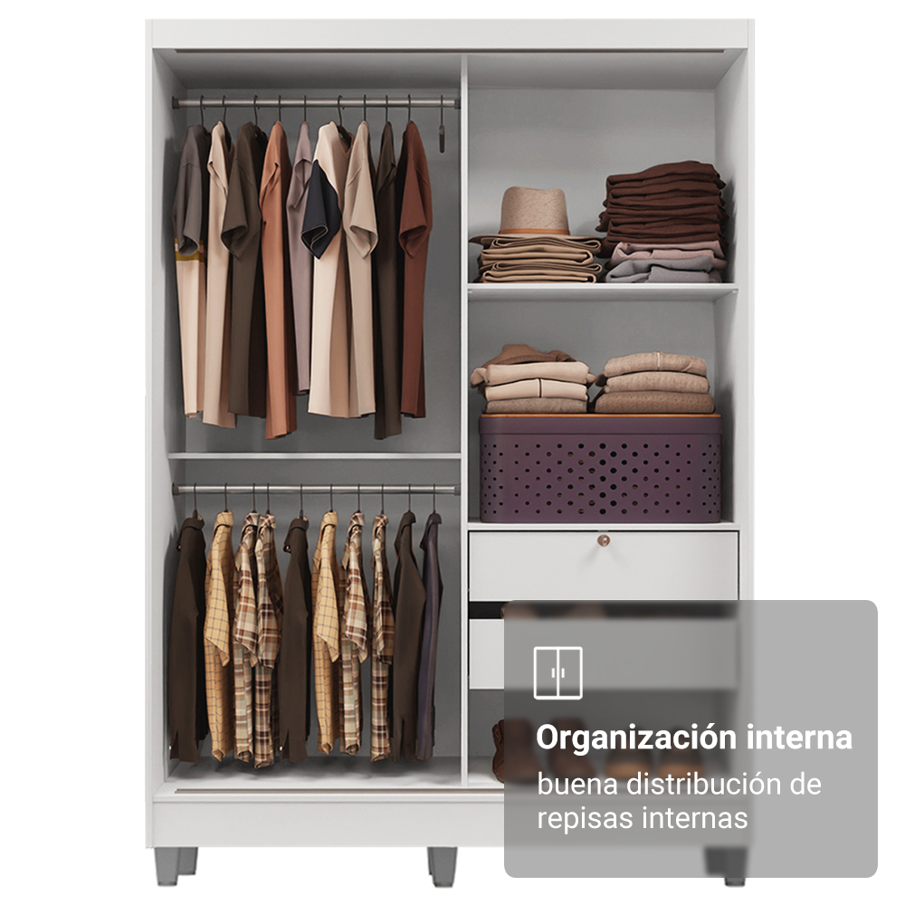 Clóset Soltero Luke 2 Puertas Corredizas 1 con Espejo y Pies Blanco