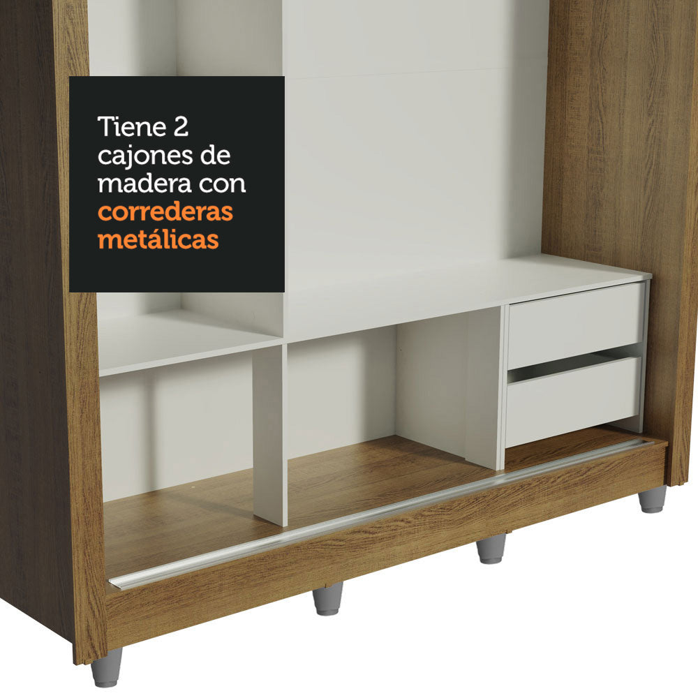 Clóset Matrimonial Lyon 3 Puertas Correderas con Espejos 2 Cajones con Patas Marrón/Blanco