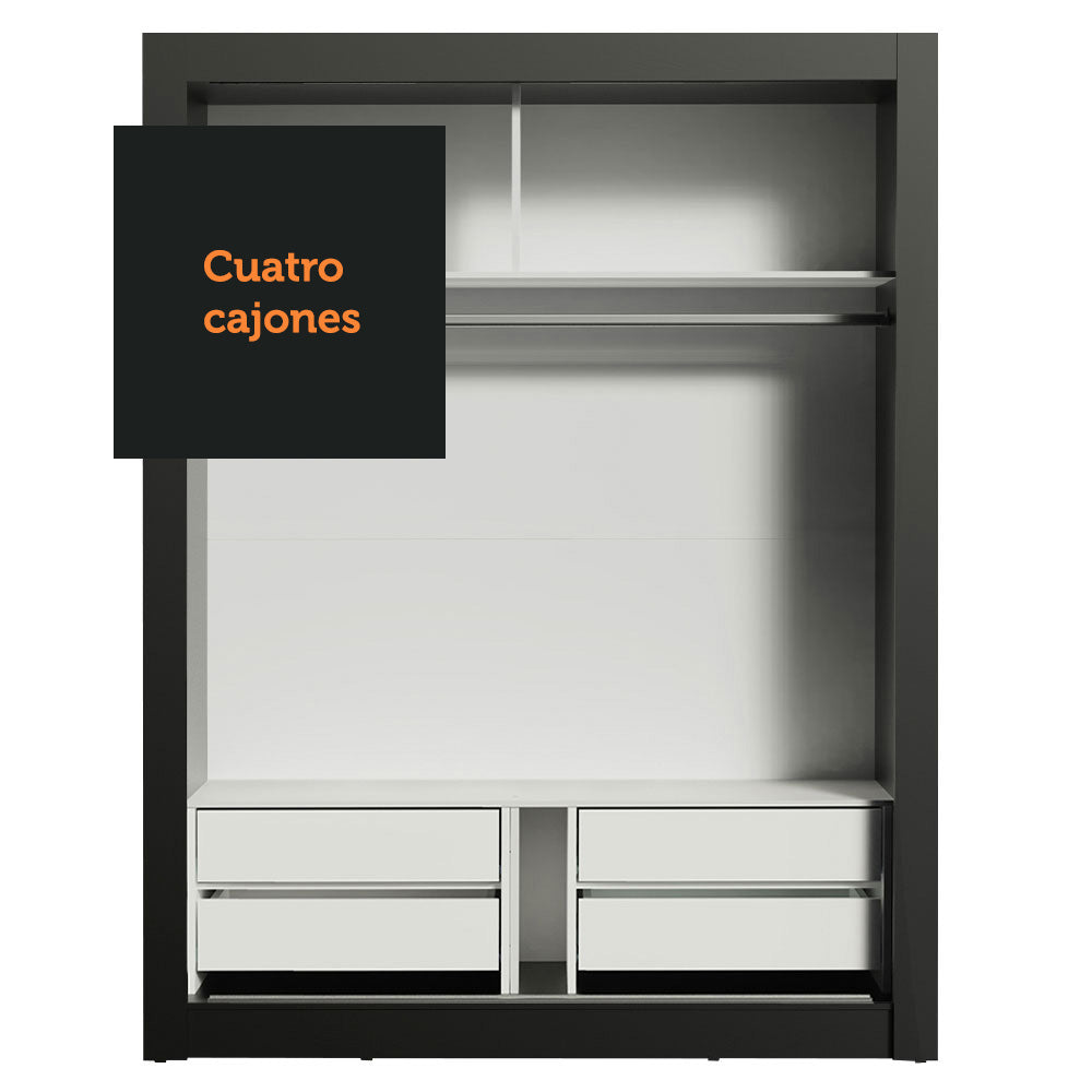 Clóset Soltero Dallas Plus 2 Puertas Correderas de Espejo 4 Cajones Negro