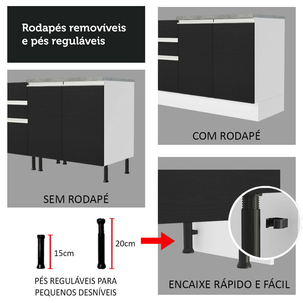 Gabinete Bajo para Tarja 120 x 60 cm 2 Puerta 3 Cajones (Con Encimera) Glamy Blanco/Negro