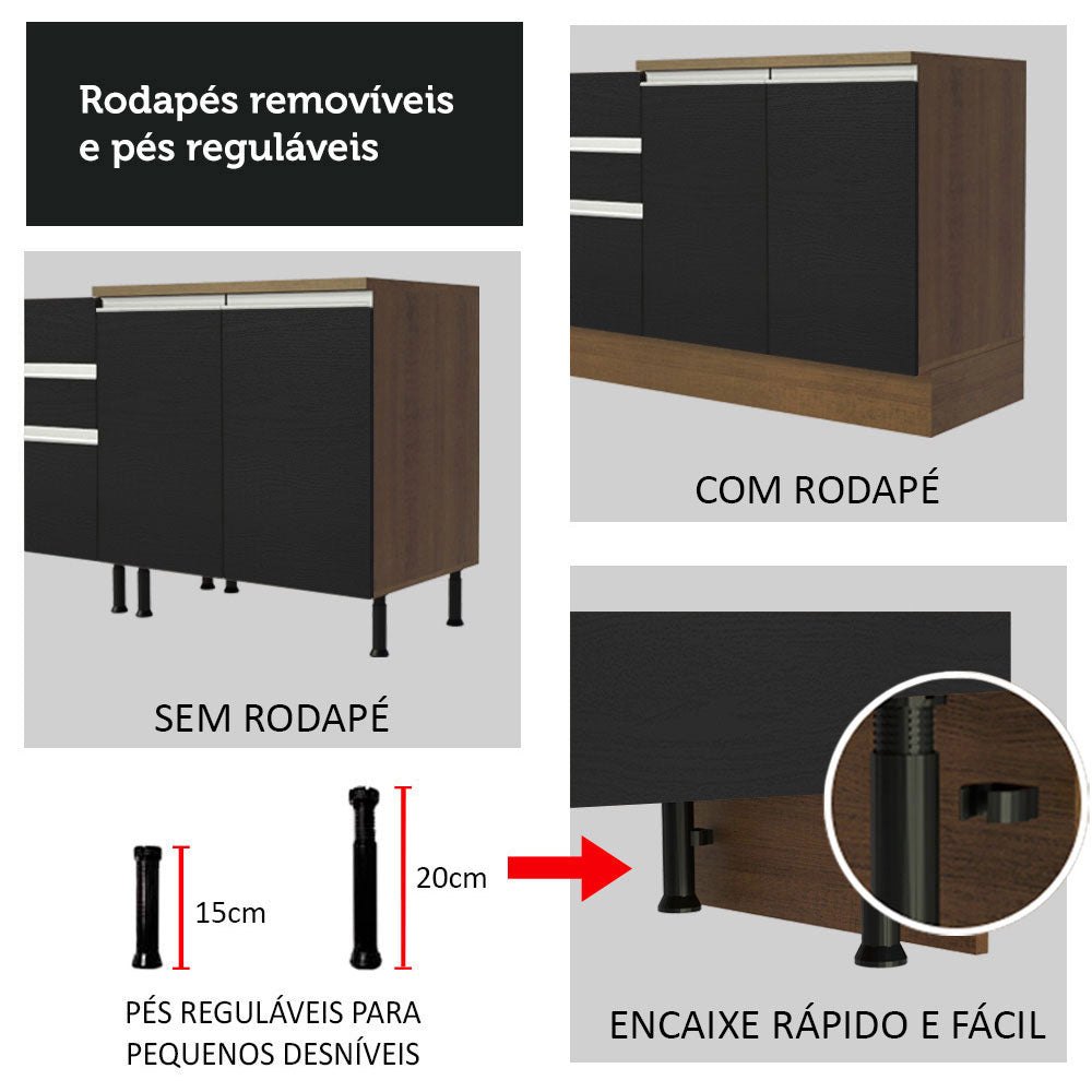 Gabinete Bajo para Tarja 120 x 60 cm 2 Puerta 3 Cajones (Con Encimera) Glamy Marrón/Negro