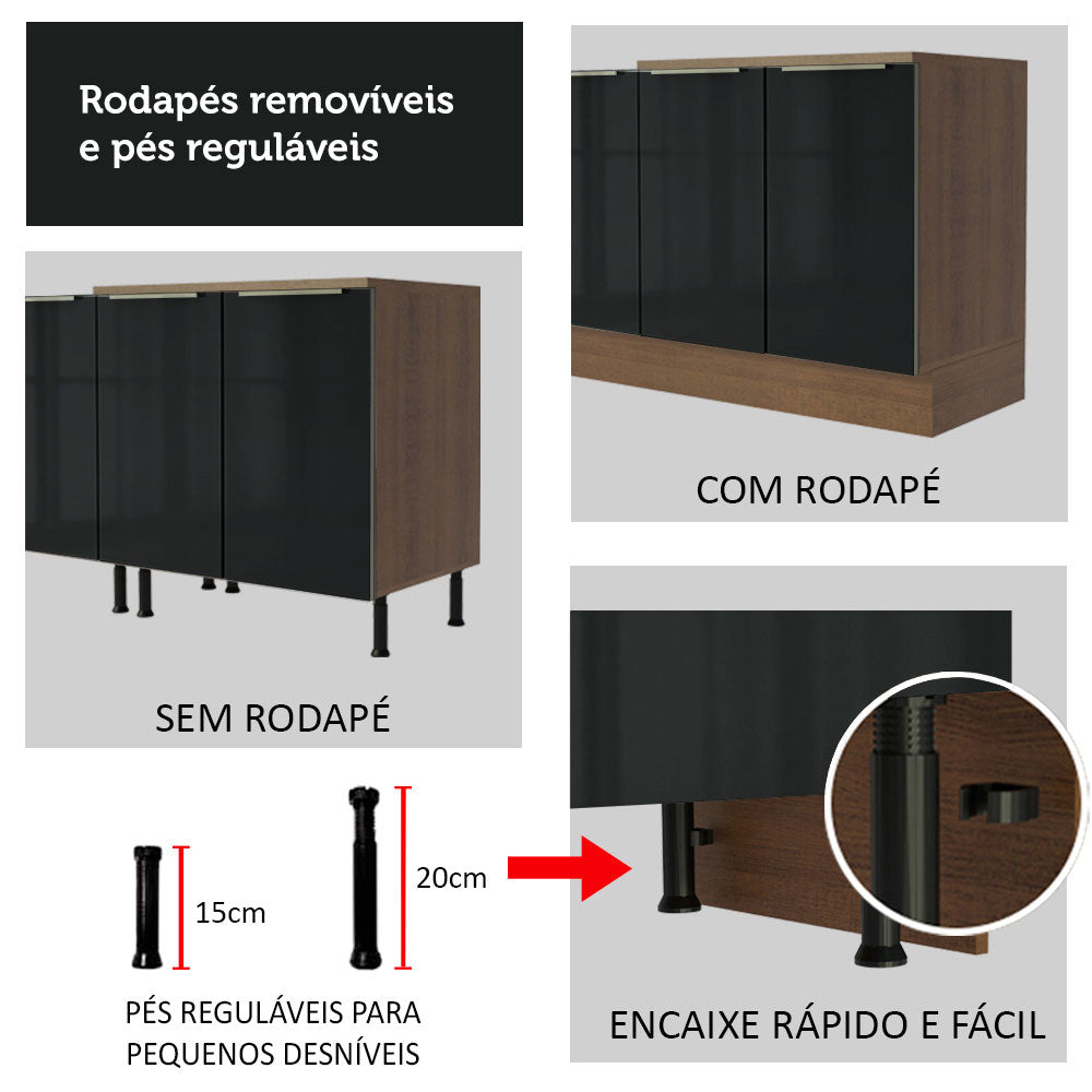 Gabinete Bajo 40 cm 3 Cajones Lux Marrón/Negro