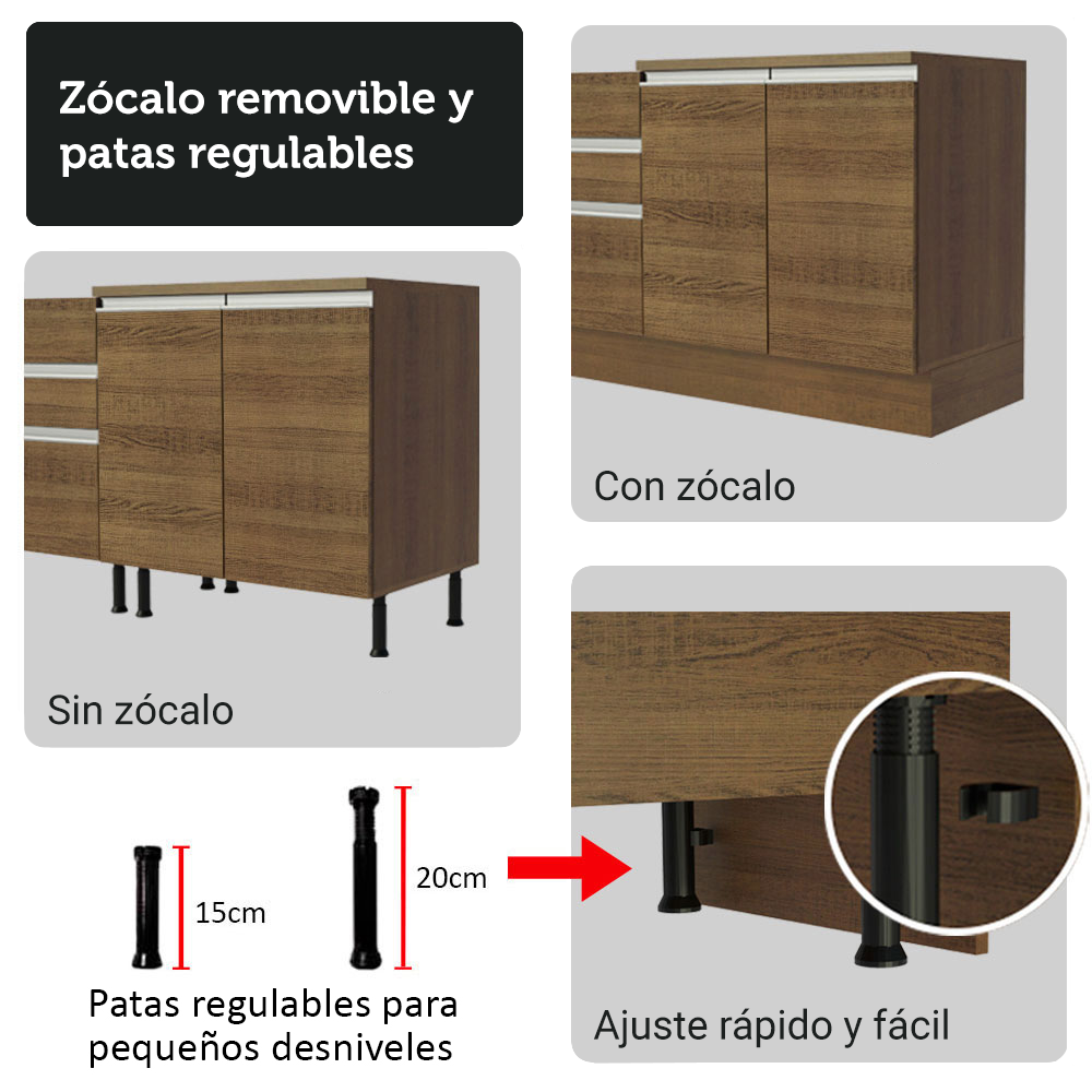 Cocina Compacta 190 cm Con Vitrina Marrón Glamy Madesa
