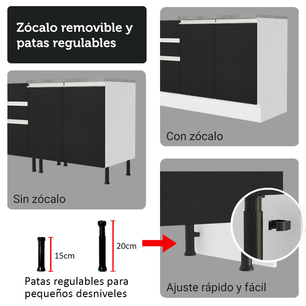 Cocina Compacta 190 cm Con Vitrina Blanco/Negro Glamy Madesa