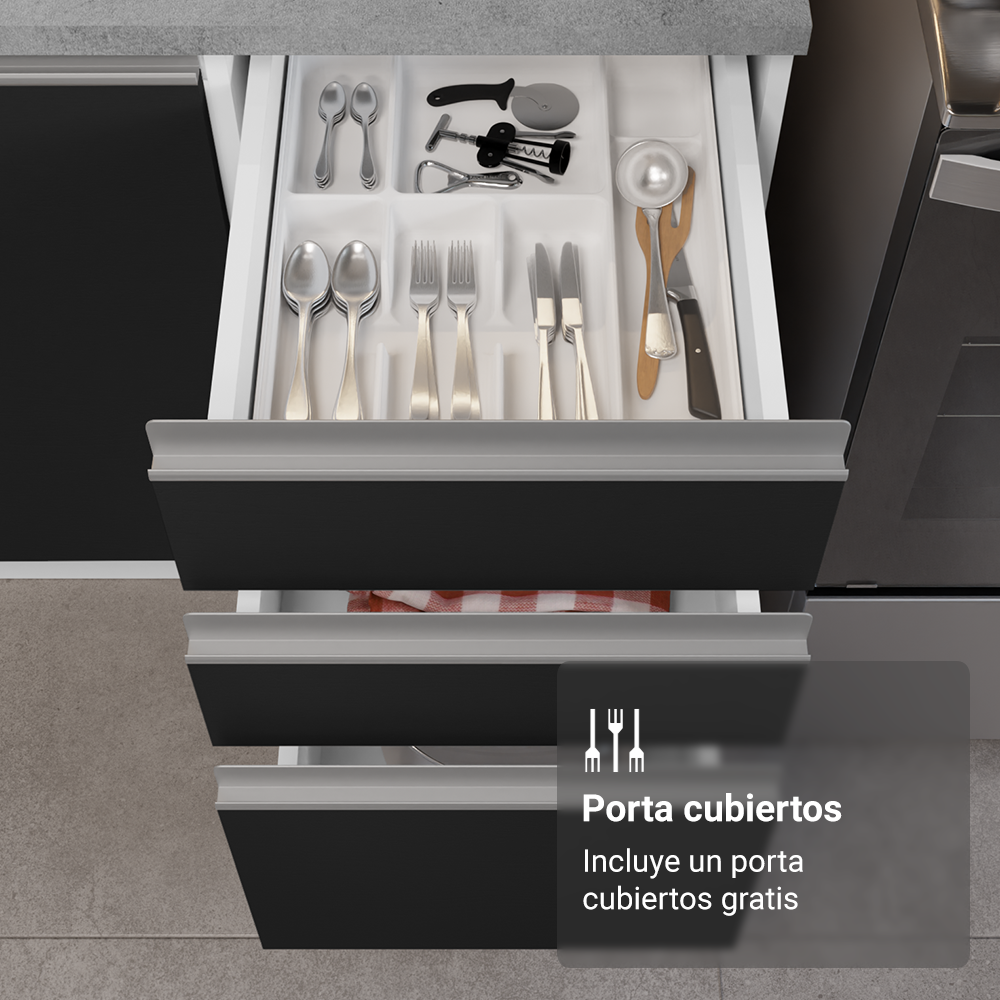 Cocina Integral 340 cm Con Vitrina y Mueble para Horno Blanco/Negro Glamy Madesa