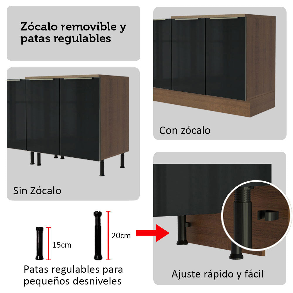 Cocina Integral 240 x 60 cm 6 Puertas 6 Cajones Con Mueble para Horno Marrón/Negro Lux Madesa 08