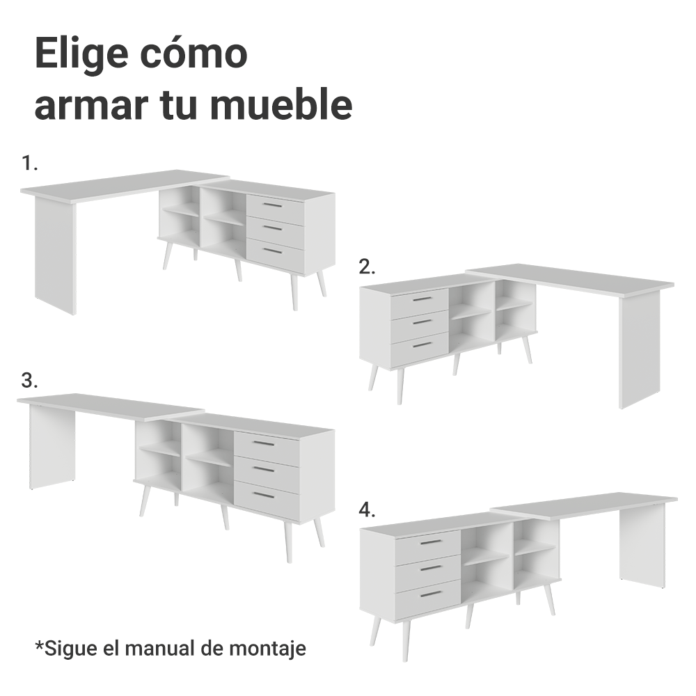 Tocador Esquinero 302 x 60 cm 3 Cajones Blanco Madesa