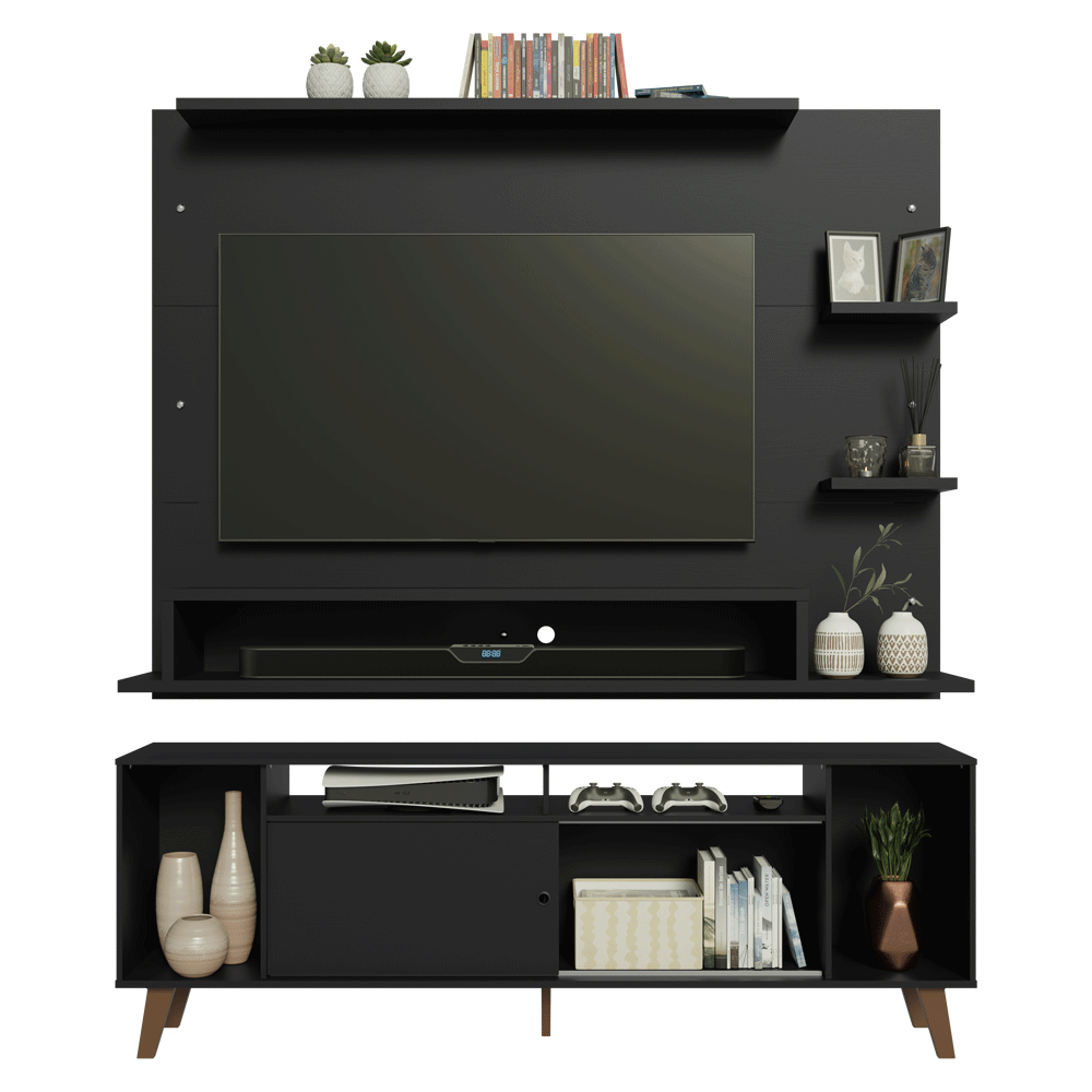 Mueble con Panel para TV hasta 60 Pulgadas 180 cm con patas Negro/Marrón Cancun Madesa