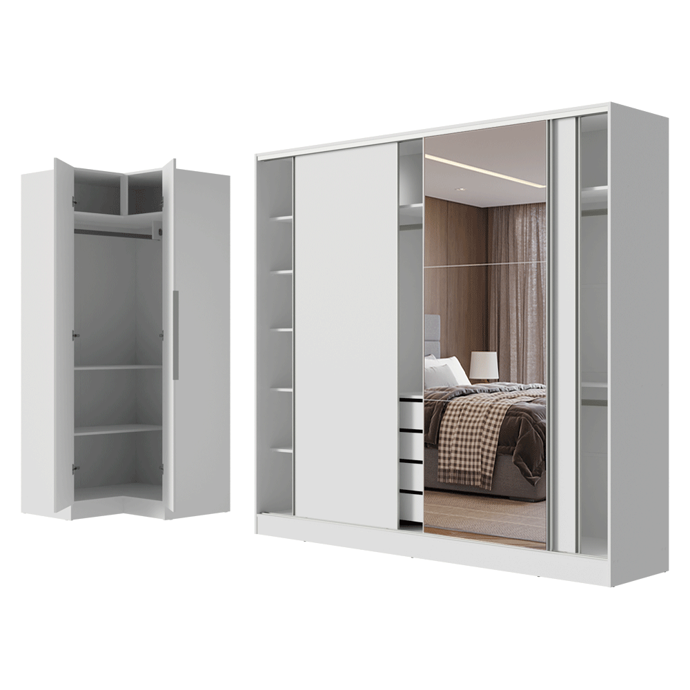 Kit Clóset Esquinero Modular y Clóset Matrimonial 3 Puertas Corredizas con 1 Espejo Blanco Neo Madesa