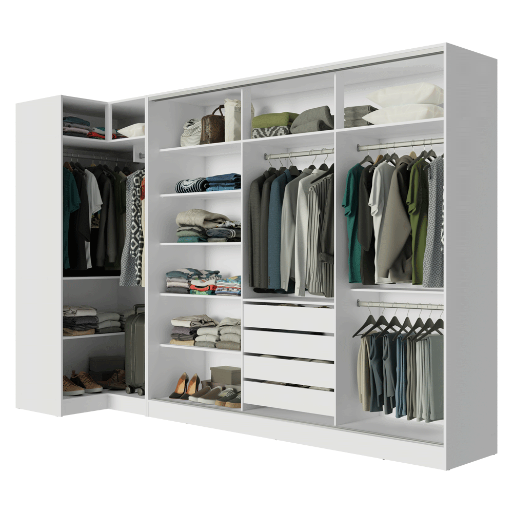 Kit Clóset Esquinero Modular y Clóset Matrimonial 3 Puertas Corredizas Blanco Neo Madesa