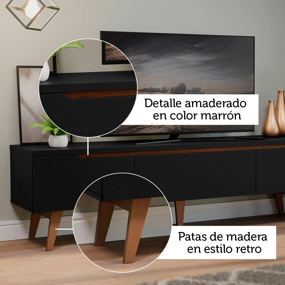 Mueble para TV hasta 80 Pulgadas 180 cm 2 Puertas 1 Cajón Negro Reims Madesa