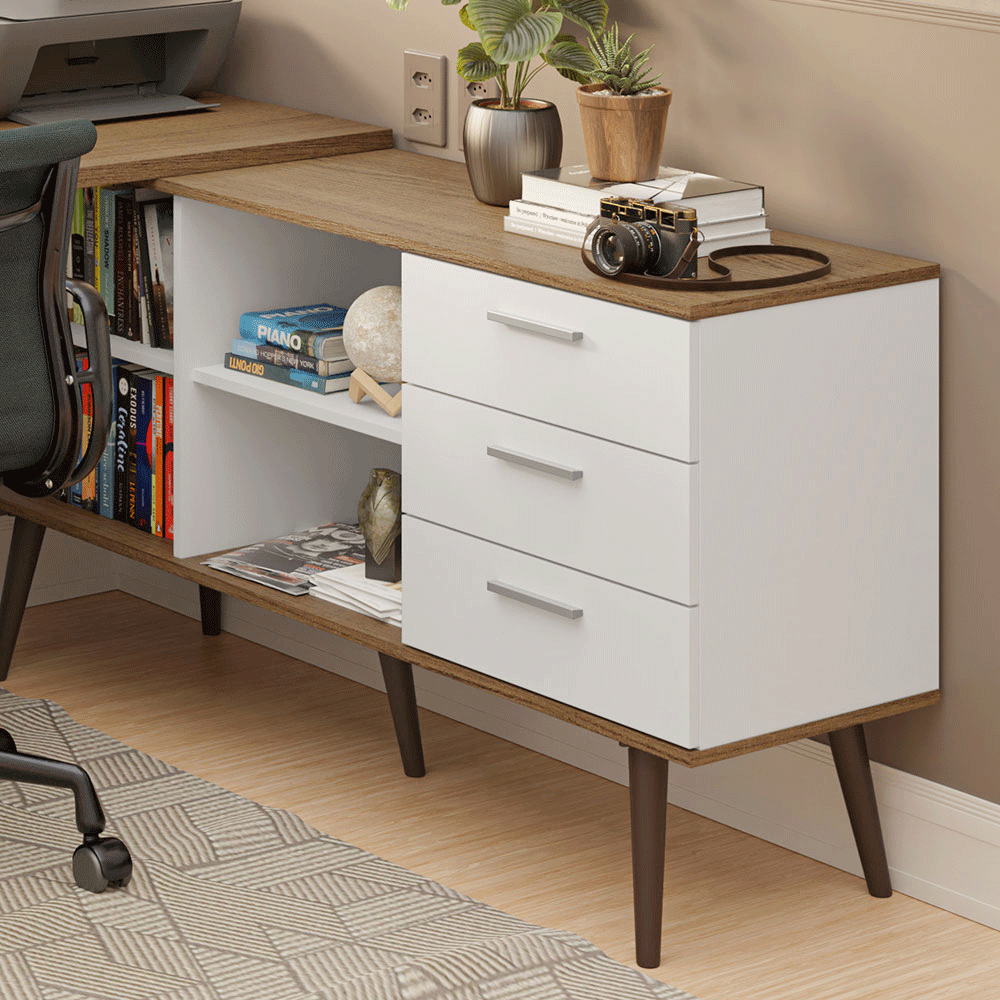 Escritorio Esquinero 302 cm 3 Cajones Marrón/Blanco Madesa