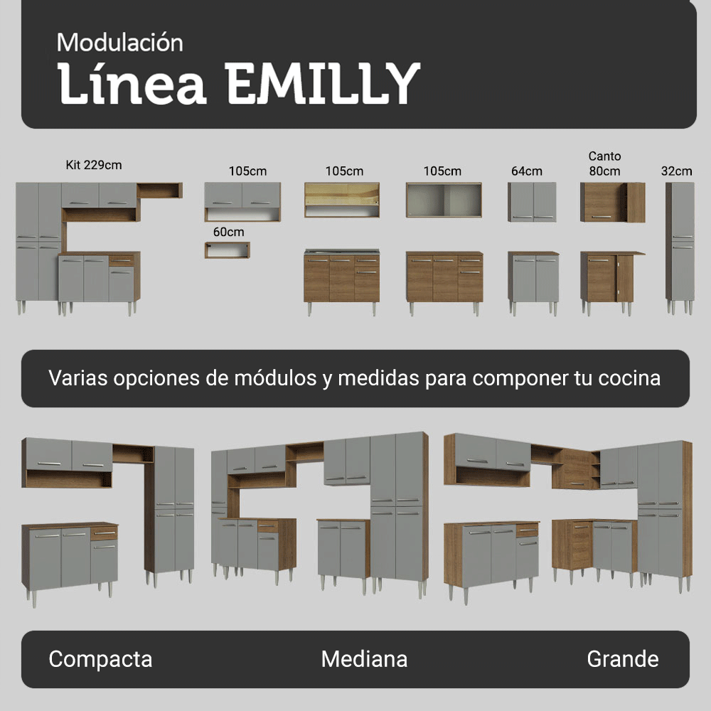 Cocina Compacta 229cm Marrón/Gris Emilly Top