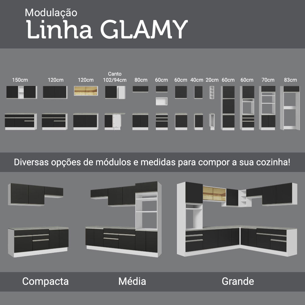 Gabinete Bajo 120 cm 2 Puertas 3 Cajones Blanco/Negro Glamy Madesa