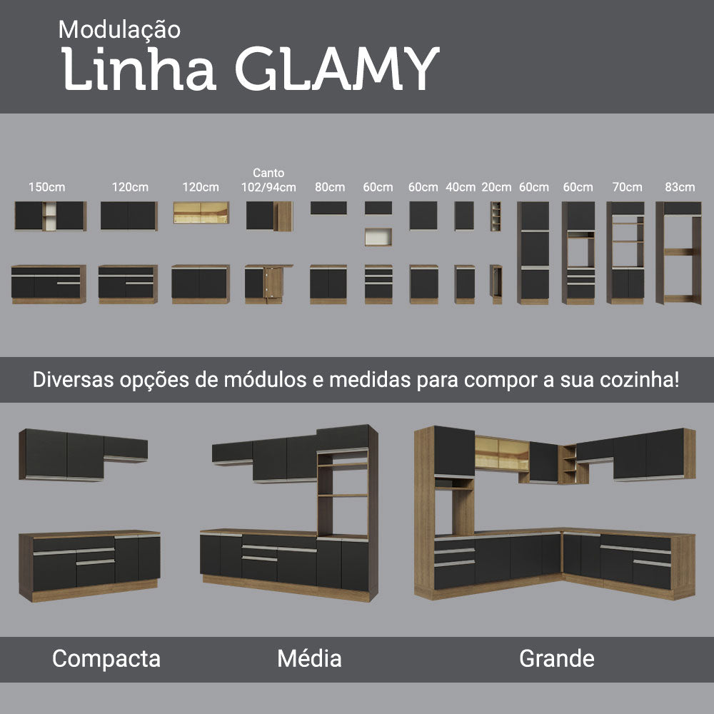 Gabinete Bajo para Tarja 120 x 60 cm 2 Puerta 3 Cajones (Con Encimera) Glamy Marrón/Negro