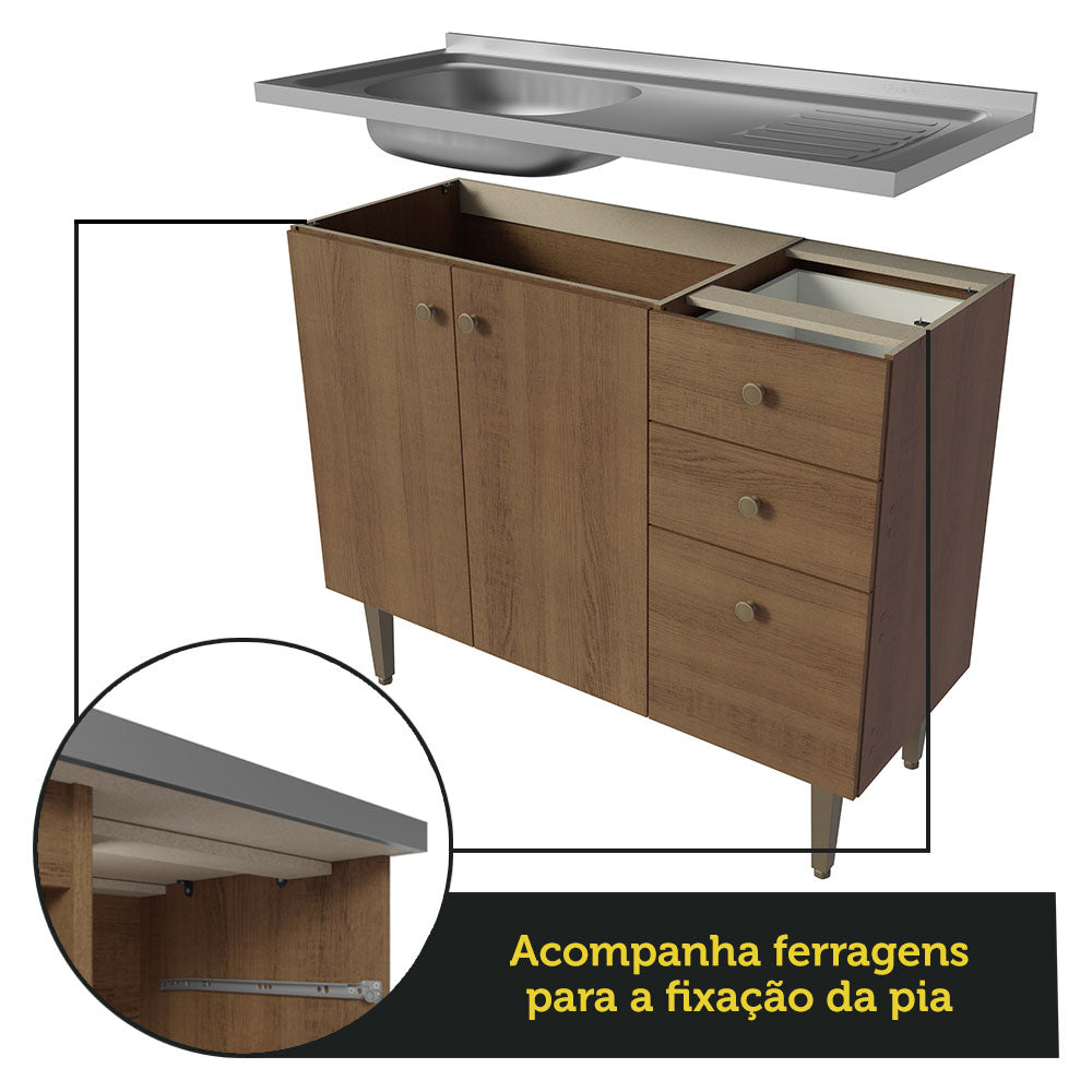 Gabinete Bajo 105 cm 3 Puertas 2 Cajones con Fregadero Marrón Gourmet Madesa