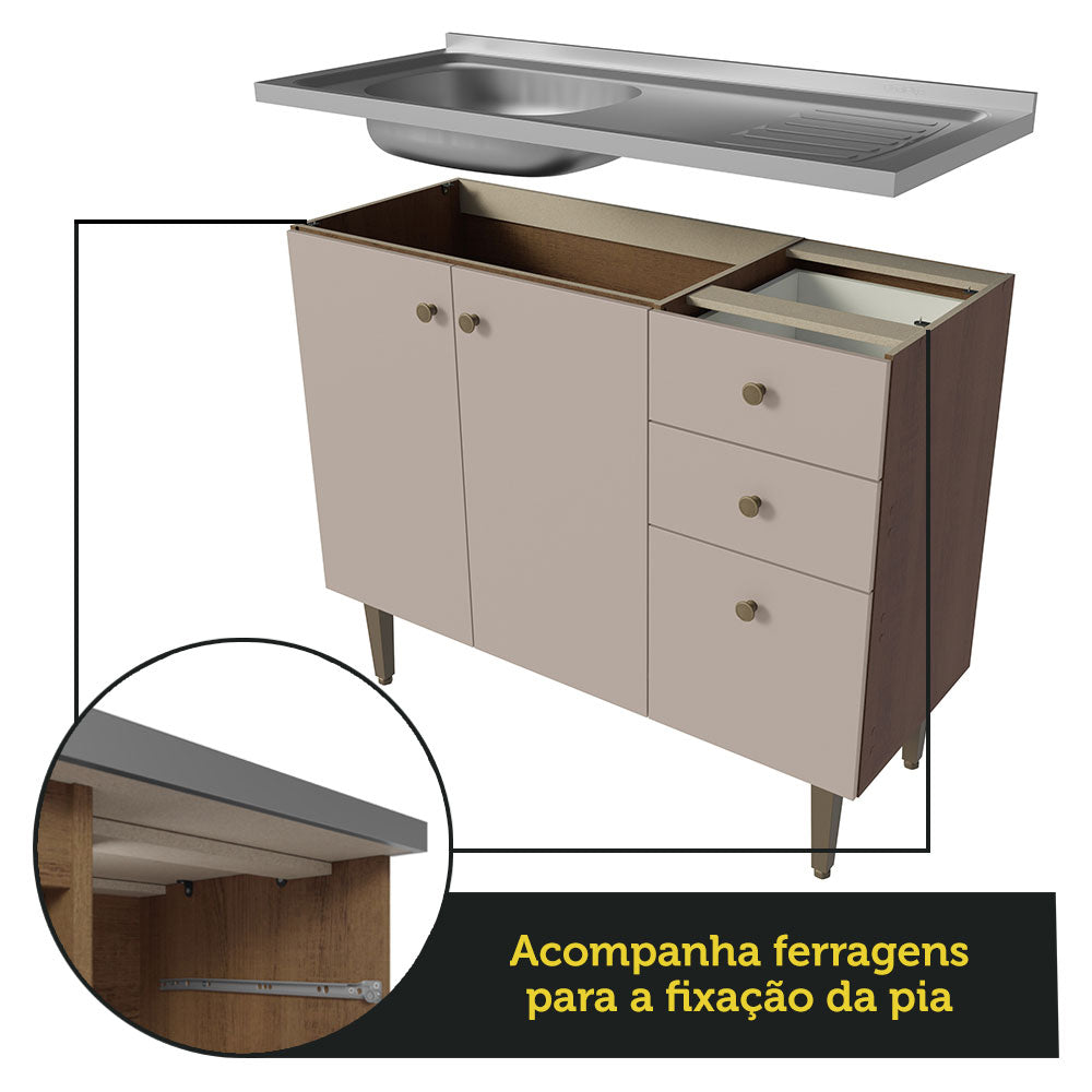 Gabinete Bajo 105 cm 3 Puertas 2 Cajones con Fregadero Marrón/Crema Gourmet Madesa