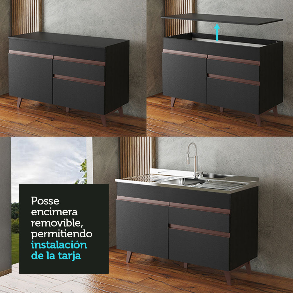 Mueble de Cocina para Fregadero 2 Puertas y 1 Cajón Negro Reims