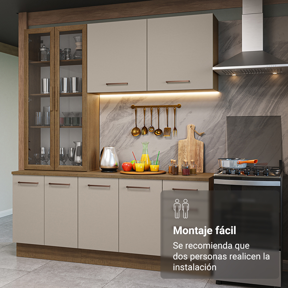 Cocina Compacta 190 cm Con Vitrina Marrón/Crema Agata Madesa