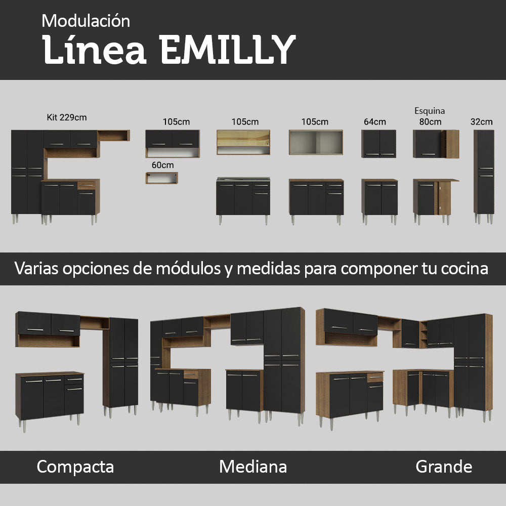 Cocina Integral 105cm con Tarja Marrón/Negro Emilly 04