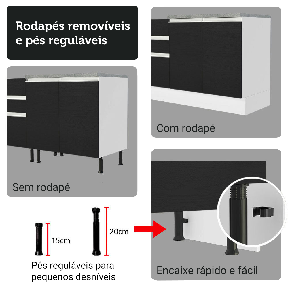 Kit Gabinete Bajo 2 Puertas y Vitrina 70 cm Blanco/Negro Glamy Madesa