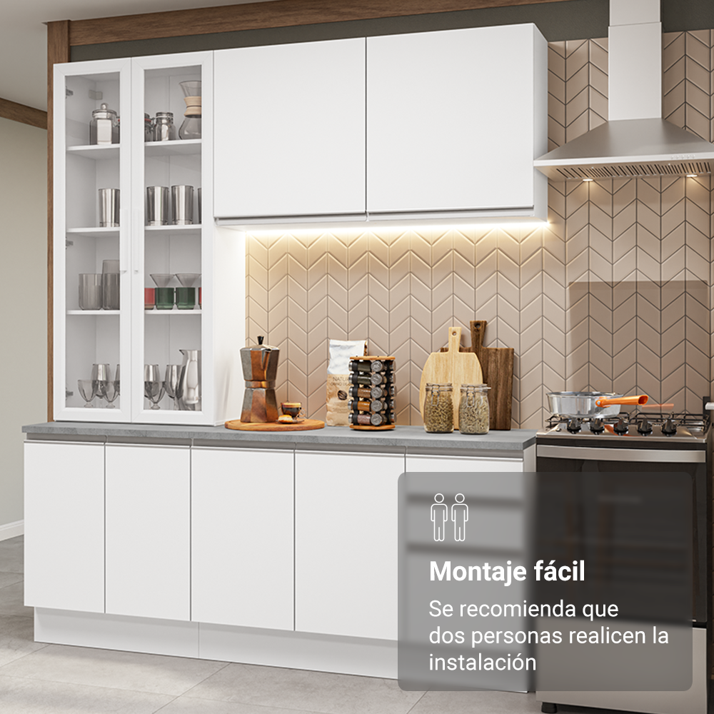 Cocina Compacta 190 cm Con Vitrina Blanco Glamy Madesa