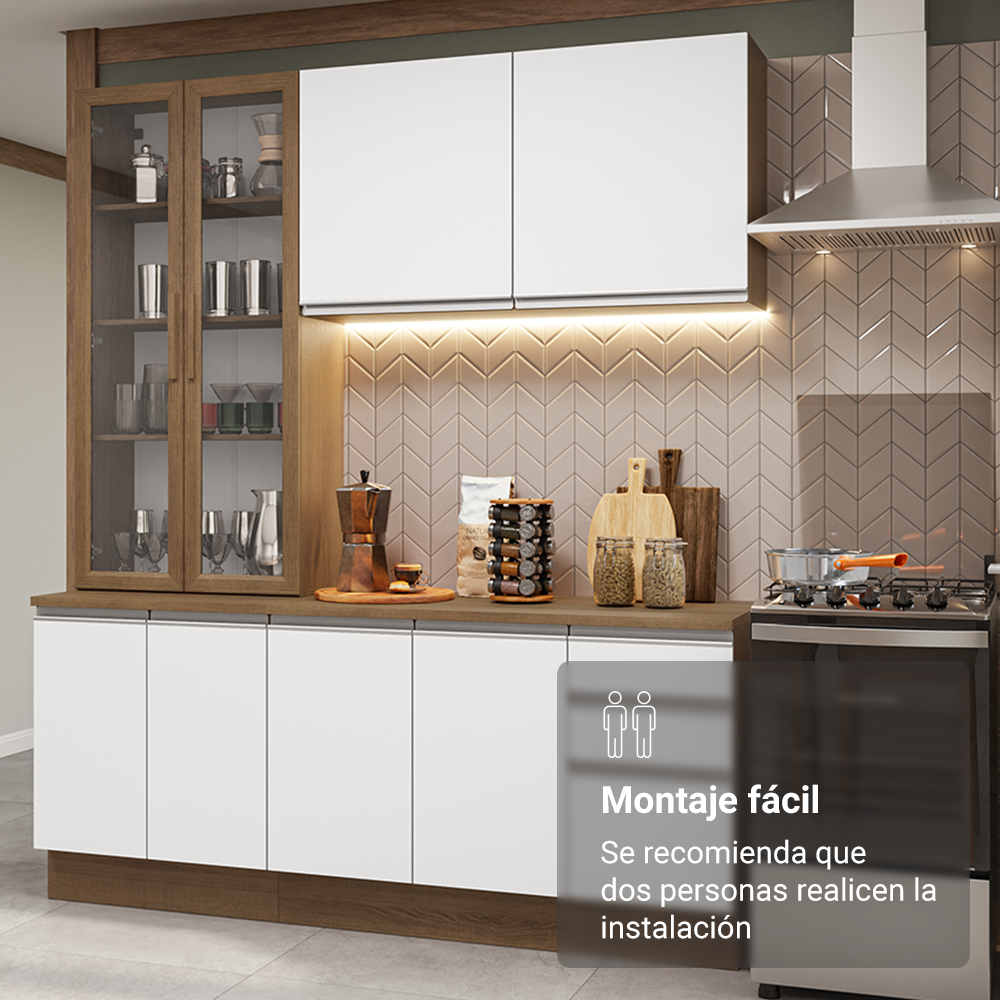 Cocina Compacta 190 cm Con Vitrina Marrón/Blanco Glamy Madesa