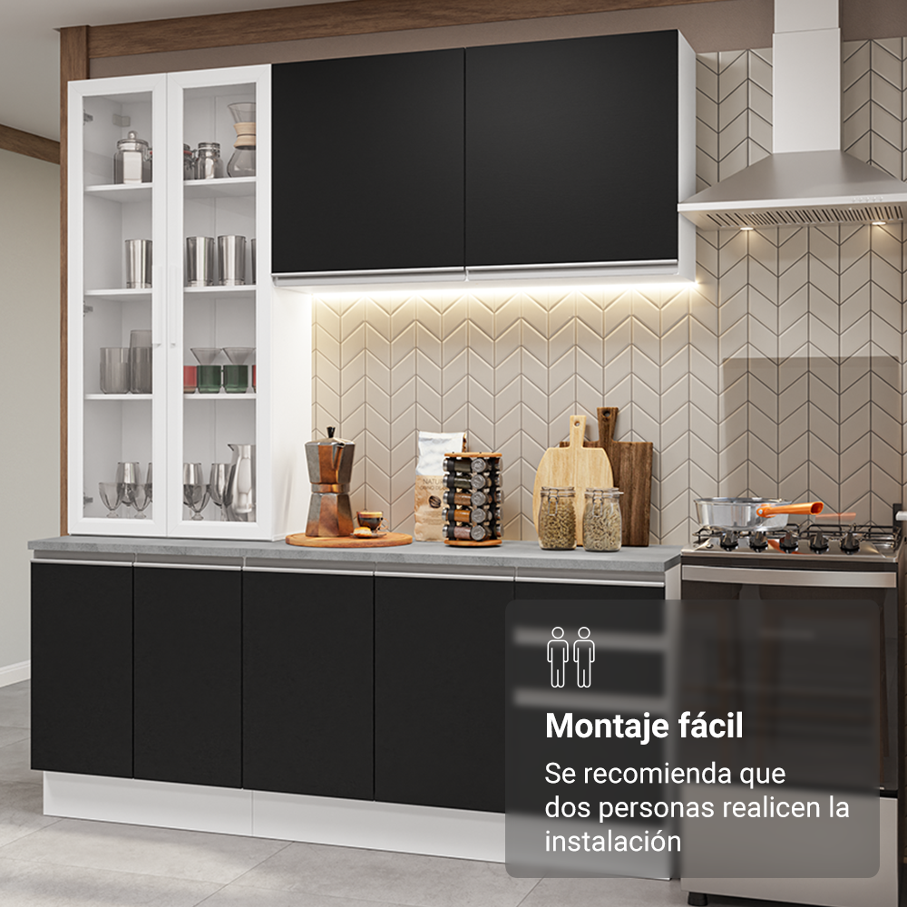 Cocina Compacta 190 cm Con Vitrina Blanco/Negro Glamy Madesa