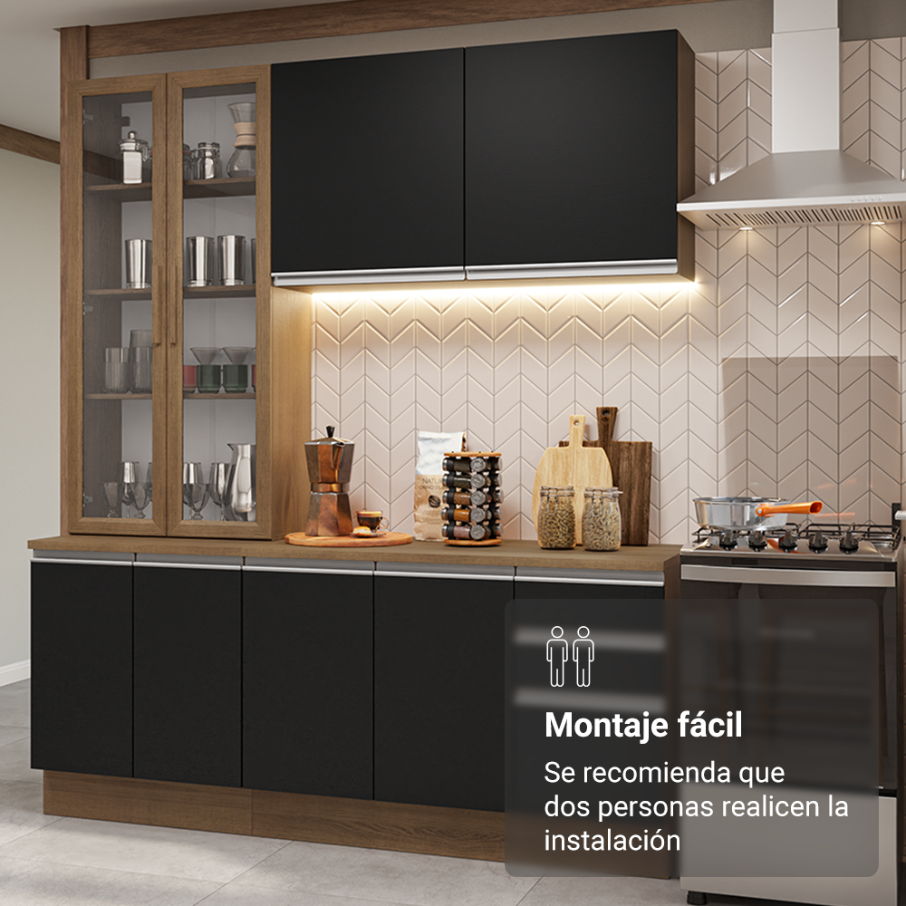 Cocina Compacta 190 cm Con Vitrina Marrón/Negro Glamy Madesa
