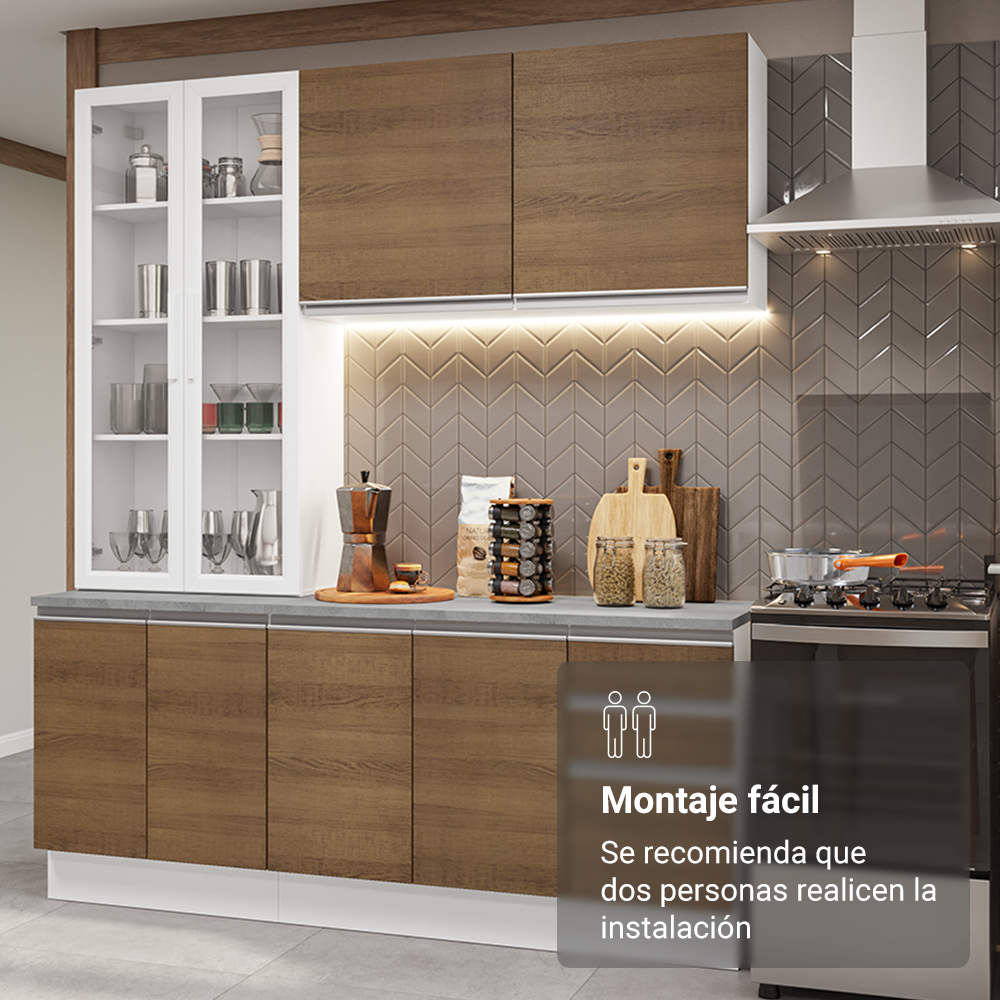 Cocina Compacta 190 cm Con Vitrina Blanco/Marrón Glamy Madesa