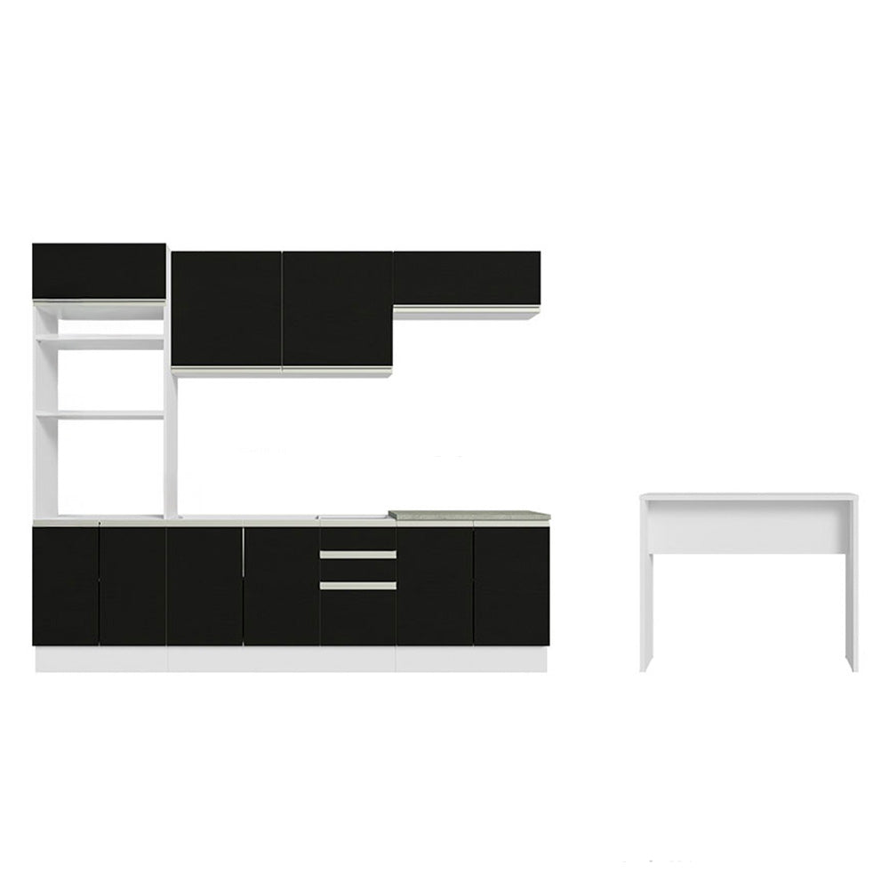 Kit Cocina Integral 385 cm y Barra de Cocina Blanco/Negro Glamy Madesa