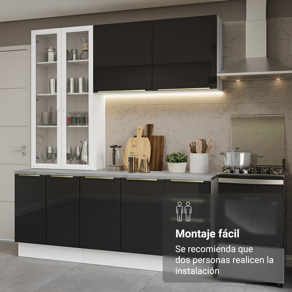 Cocina Compacta 190 cm Con Vitrina Blanco/Negro Lux Madesa