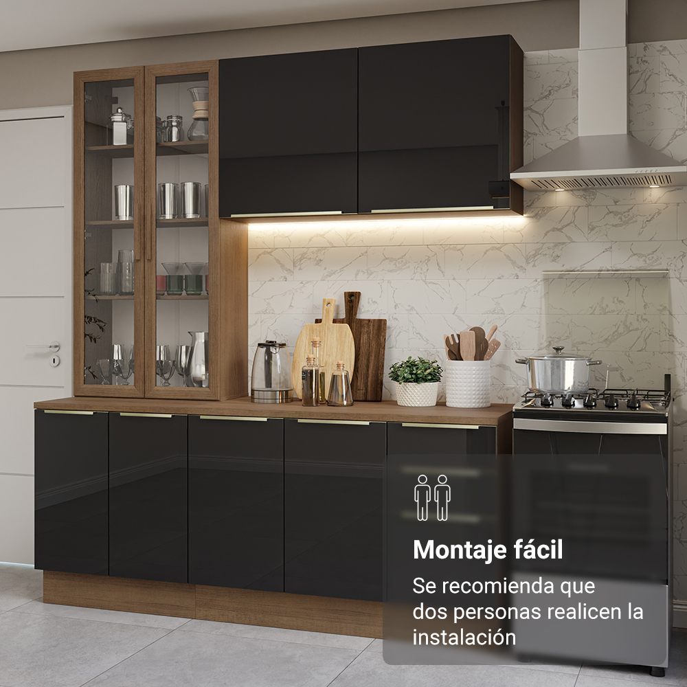Cocina Compacta 190 cm Con Vitrina Marrón/Negro Lux Madesa