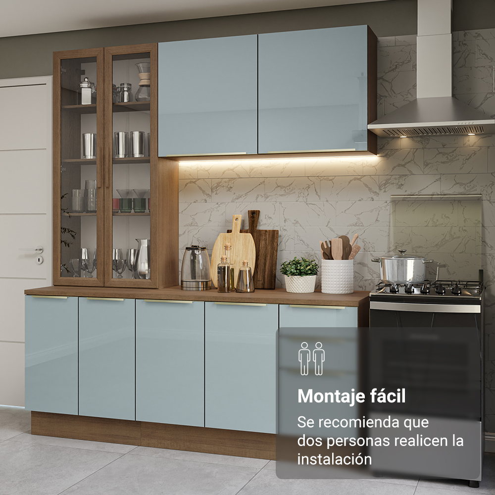 Cocina Compacta 190 cm Con Vitrina Marrón/Gris Lux Madesa