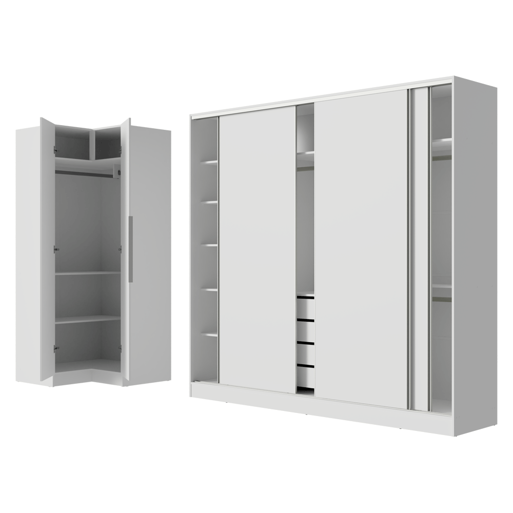 Kit Clóset Esquinero Modular y Clóset Matrimonial 3 Puertas Corredizas Blanco Neo Madesa