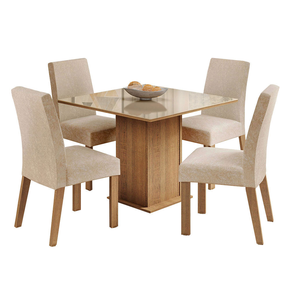 Conjunto de Comedor con Encimera Vidrio 4 Sillas Marrón/Crema/Imperial Evelin Madesa