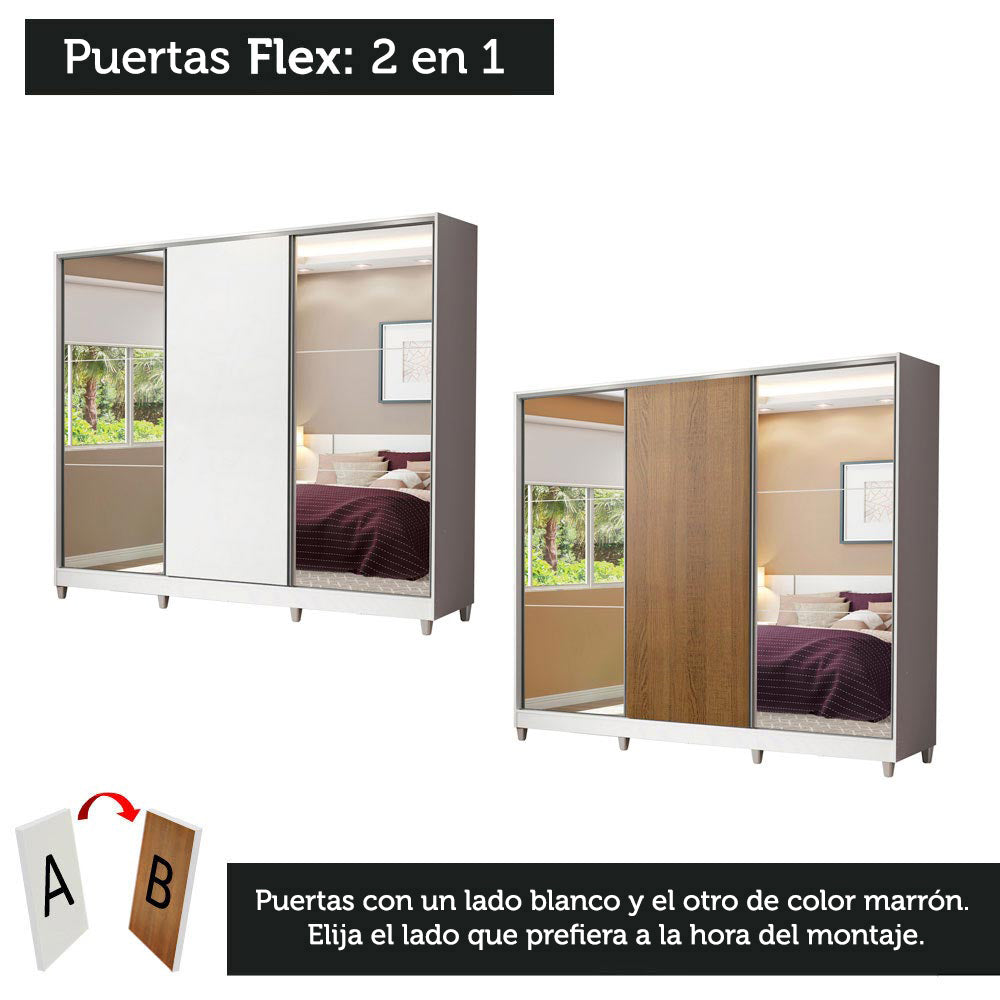 Clóset Matrimonial 100% MDF Royale 3 Puertas Correderas con Espejos con Patas Blanco
