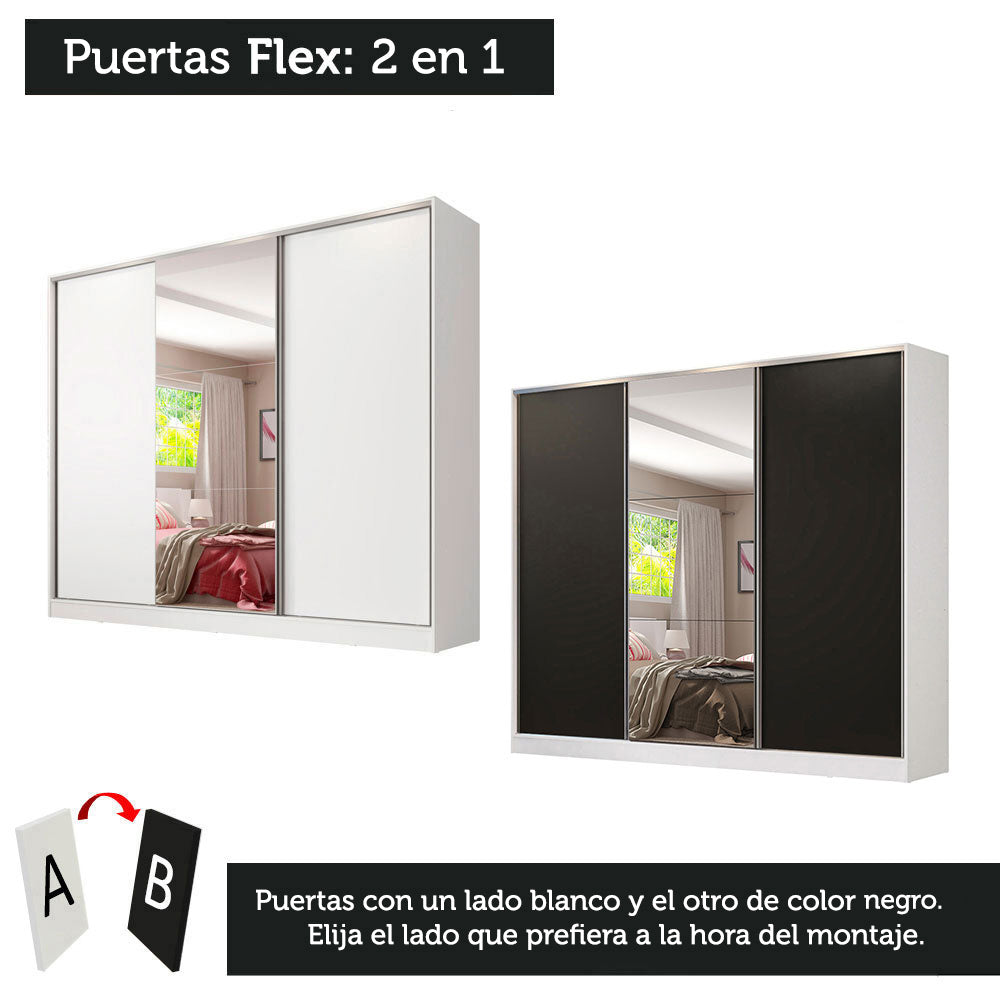 Clóset Matrimonial 100% MDF Royale 3 Puertas Corredizas con Espejo Blanco/Negro