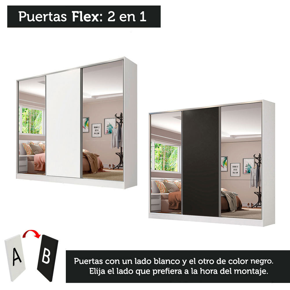 Clóset Matrimonial 231 cm 3 Puertas Corredizas Con 2 Espejos 100% MDF Blanco/Negro Royale Madesa