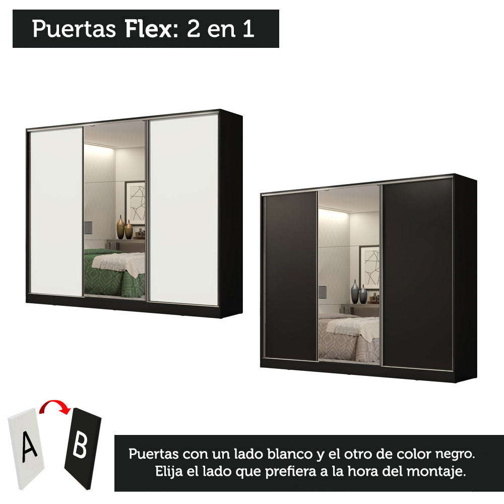 Clóset Matrimonial 231 cm 3 Puertas Corredizas Con 2 Espejos 100% MDF Negro/Blanco Royale Madesa