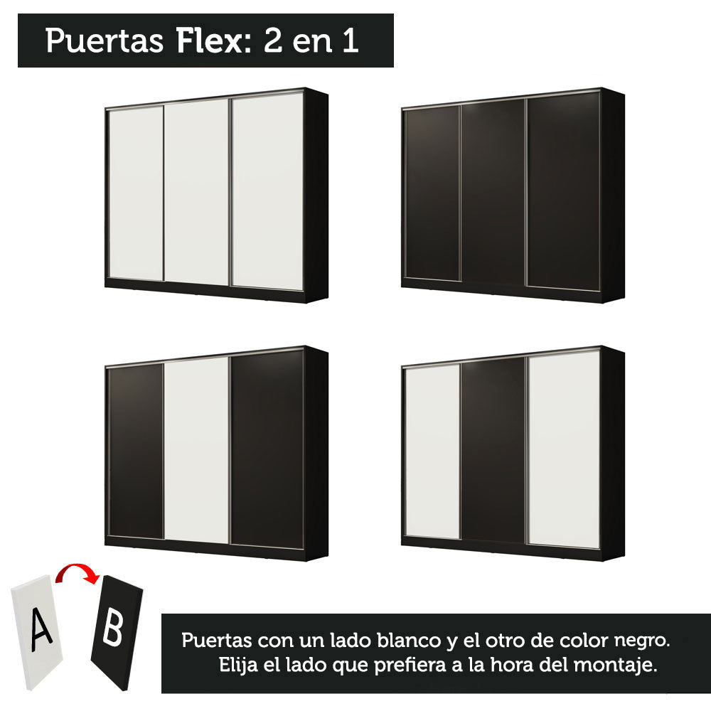 Clóset Matrimonial 100% MDF Royale 3 Puertas Corredizas Negro/Blanco/Negro