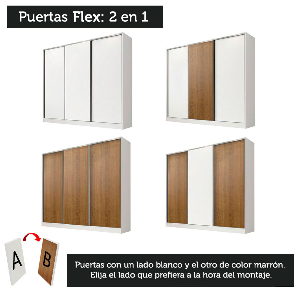 Clóset Matrimonial 231 cm 3 Puertas Corredizas 100% MDF Blanco/Marrón Royale Madesa