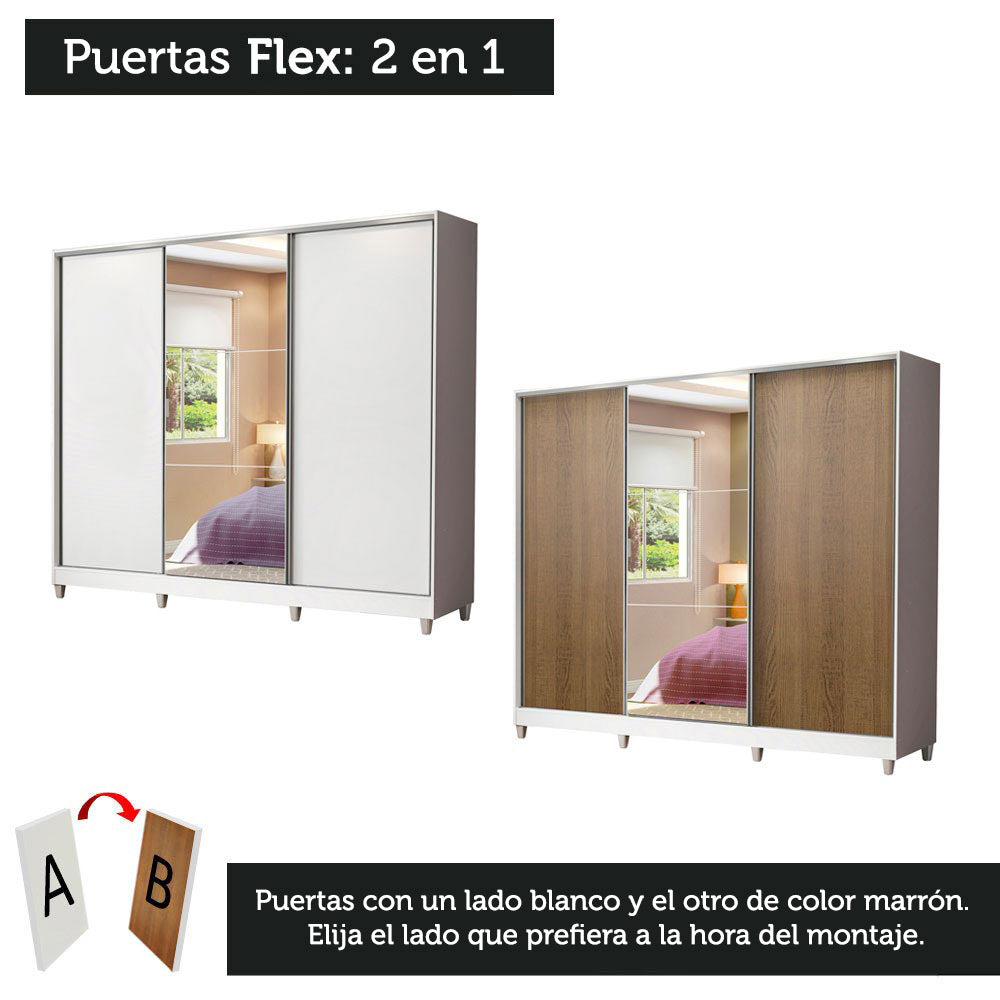 Clóset Matrimonial 231 cm 3 Puertas Corredizas Con 1 Espejo 100% MDF Blanco/Marrón Royale Madesa