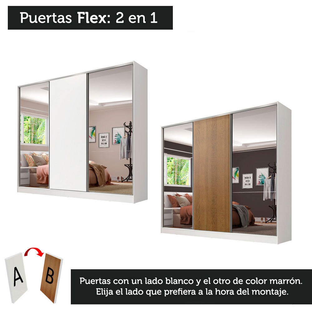Clóset Matrimonial 231 cm 3 Puertas Corredizas Con 2 Espejos 100% MDF Blanco/Marrón Royale Madesa