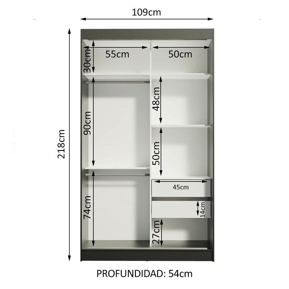 Clóset Soltero Tokio 2 Puertas Correderas 2 Cajones Negro/Blanco