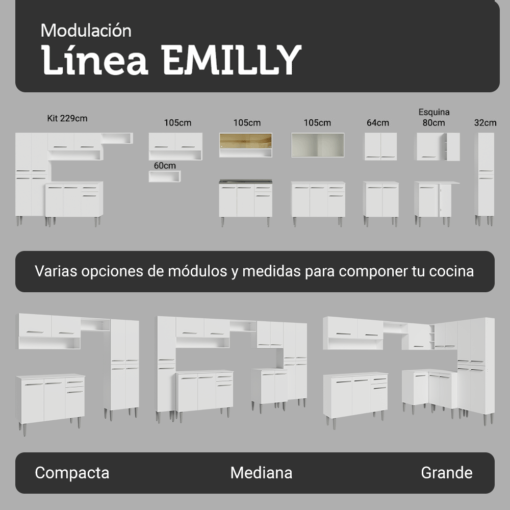 Cocina Compacta 229cm Blanco Emilly Top