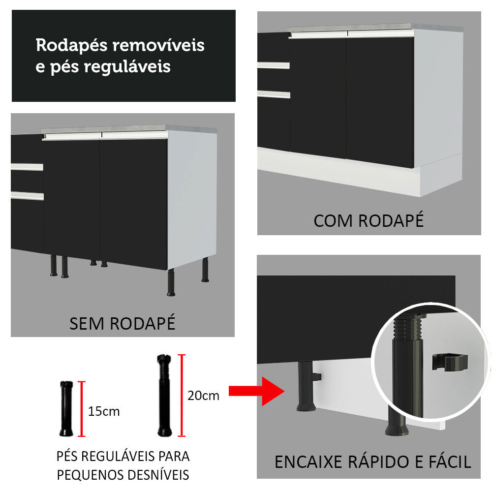 Gabinete Bajo para Fregadero 120 cm 2 Puertas 3 Cajones (Con Encimera) Glamy Blanco/Negro