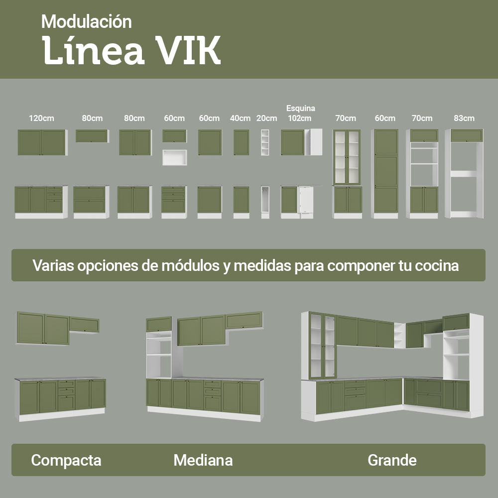 Combo con 2 Gabinetes de Cocina 4 Puertas 3 Cajones (Sin encimera/Fregadero/Tarja) Blanco/Verde Vik Madesa 01
