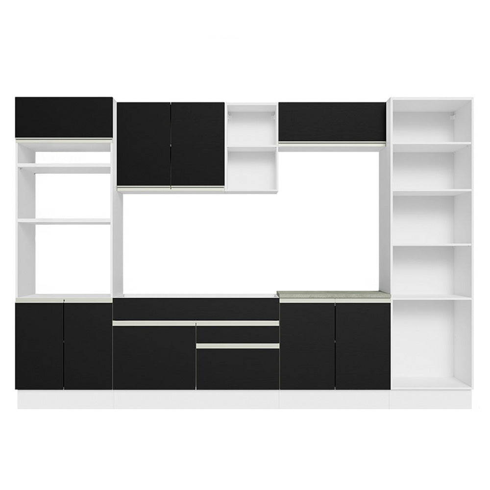 Cocina Integral 330 cm Con Mueble para Horno y Despensa Abierta Blanco/Negro Glamy Madesa